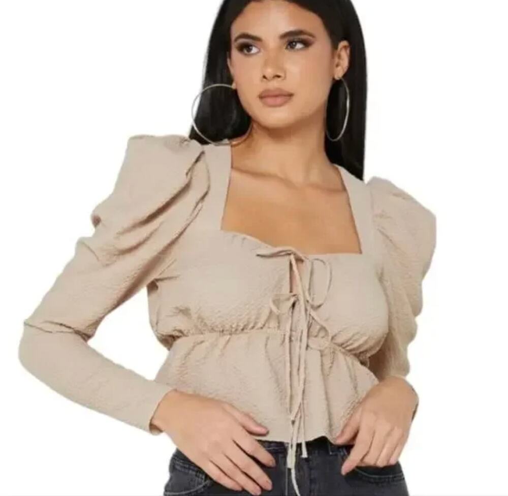 Topshop Tan Crinkle Puff Sleeve Peplum Blouse 8